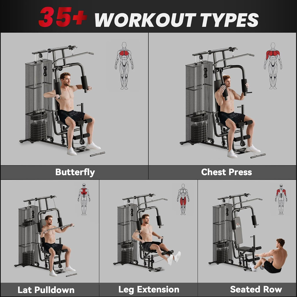 HOMCOM Home Gym Equipment, Multi Gym Workout Station with 45Kg Weight Stack, Chest Station, Butterfly Press & Leg Developer for Strength Training