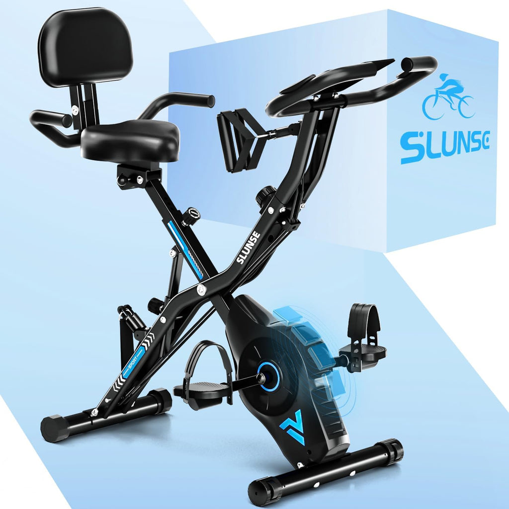 Exercise Bike for Home, SLUNSE 5 in 1 Indoor Workout Bike,16-Level Magnetic Resistance Folding Stationary Exercise Bike, 350LBS Capacity and Comfortable Seat Cushion