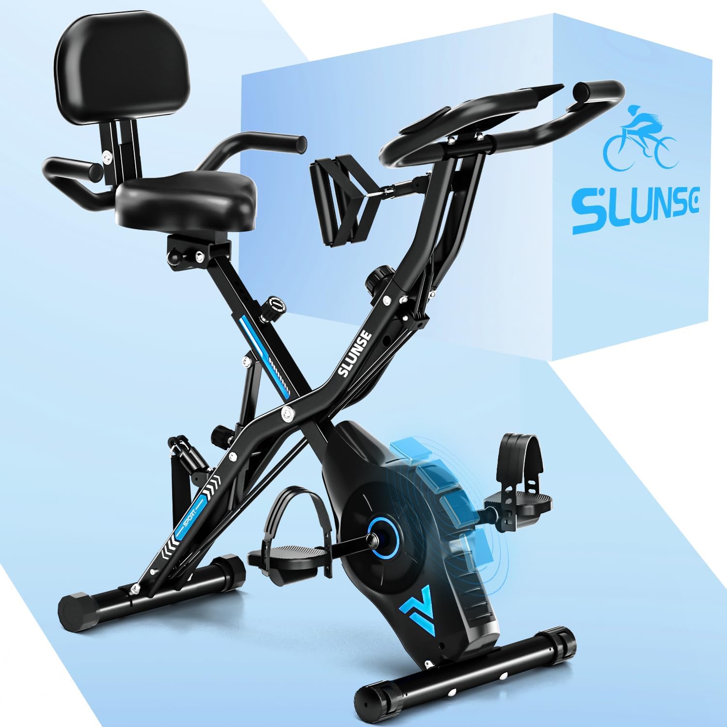 Exercise Bike for Home, SLUNSE 5 in 1 Indoor Workout Bike,16-Level Magnetic Resistance Folding Stationary Exercise Bike, 350LBS Capacity and Comfortable Seat Cushion