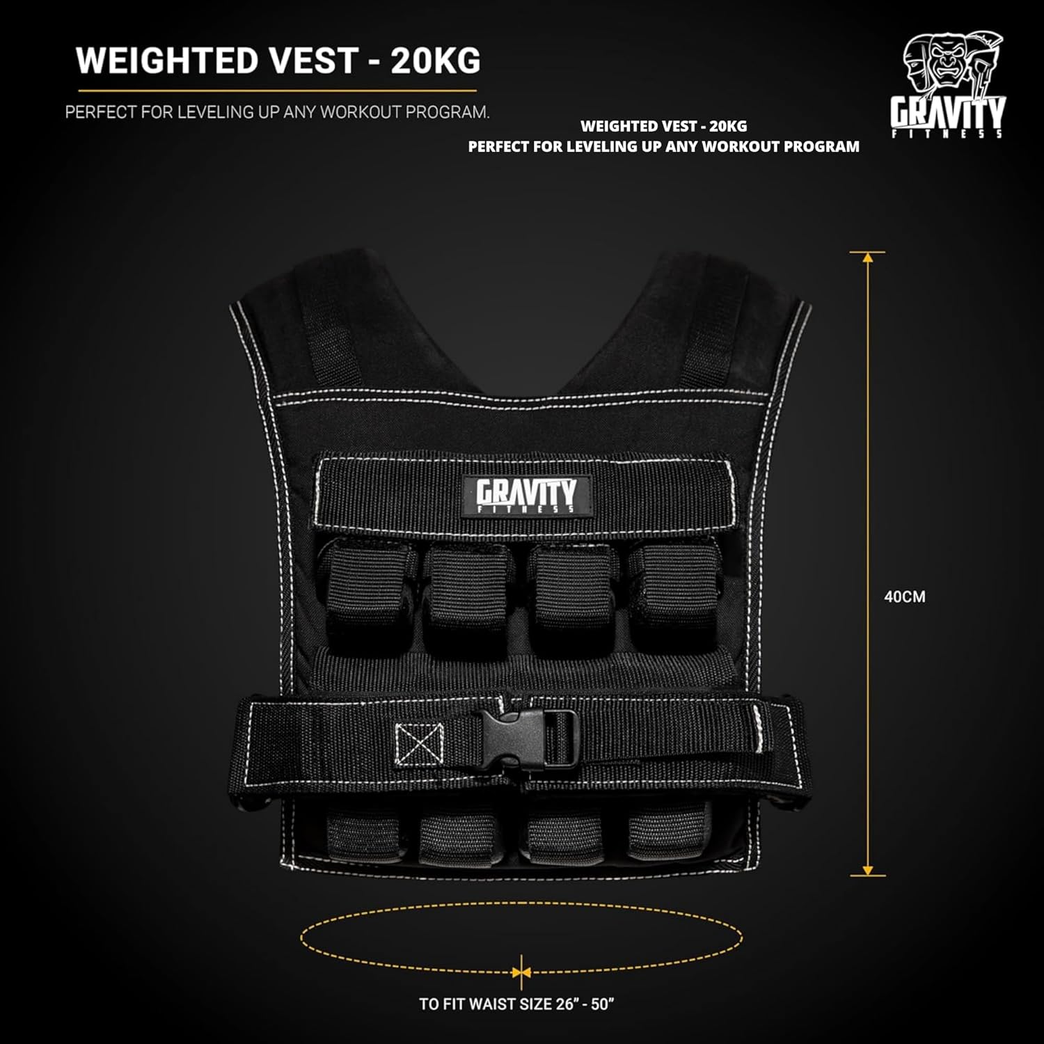 Gravity Fitness Weighted Vest for Men & Women - Adjustable Fitness Weight Vest for Workout, Running, Walking, Strength Training, & Calisthenics Training Home & Commercial Gym - 10Kg / 20Kg / 30Kg