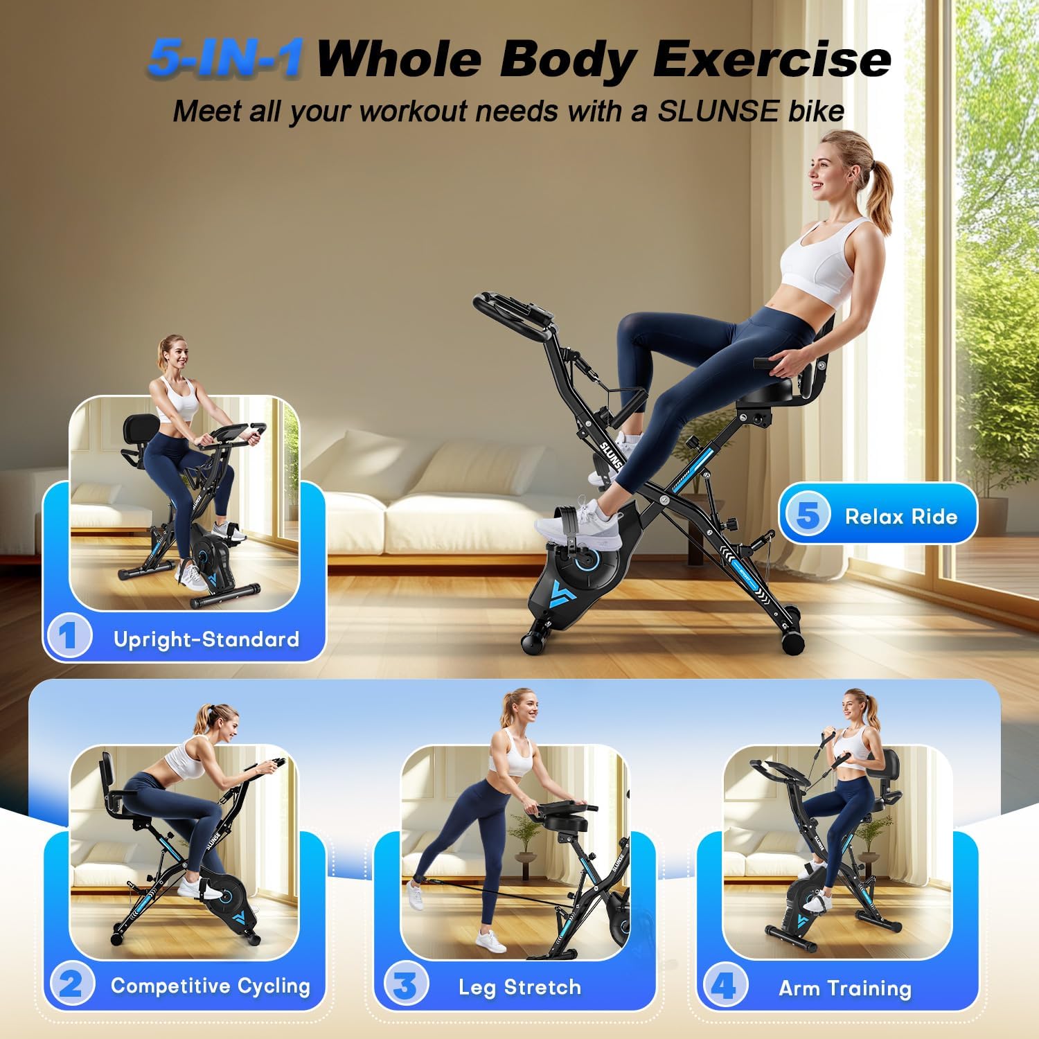 Exercise Bike for Home, SLUNSE 5 in 1 Indoor Workout Bike,16-Level Magnetic Resistance Folding Stationary Exercise Bike, 350LBS Capacity and Comfortable Seat Cushion