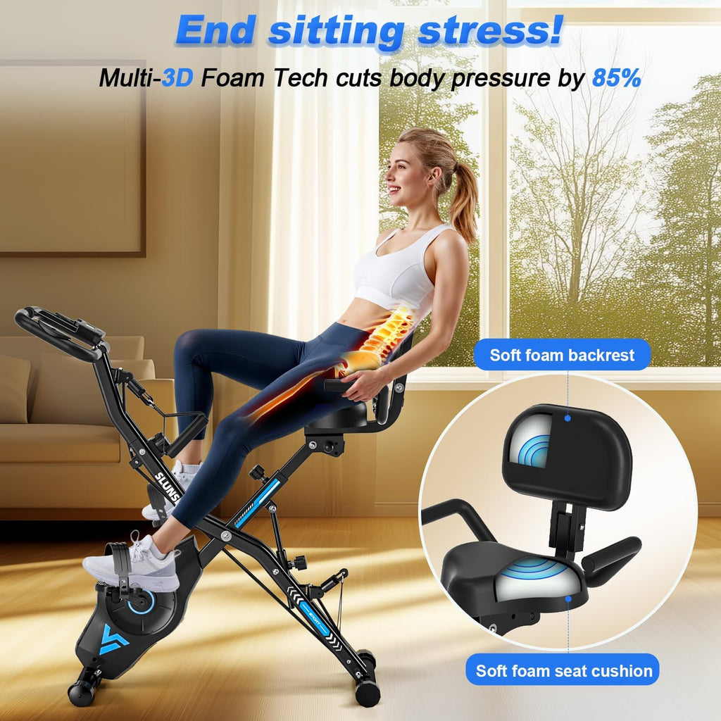 Exercise Bike for Home, SLUNSE 5 in 1 Indoor Workout Bike,16-Level Magnetic Resistance Folding Stationary Exercise Bike, 350LBS Capacity and Comfortable Seat Cushion