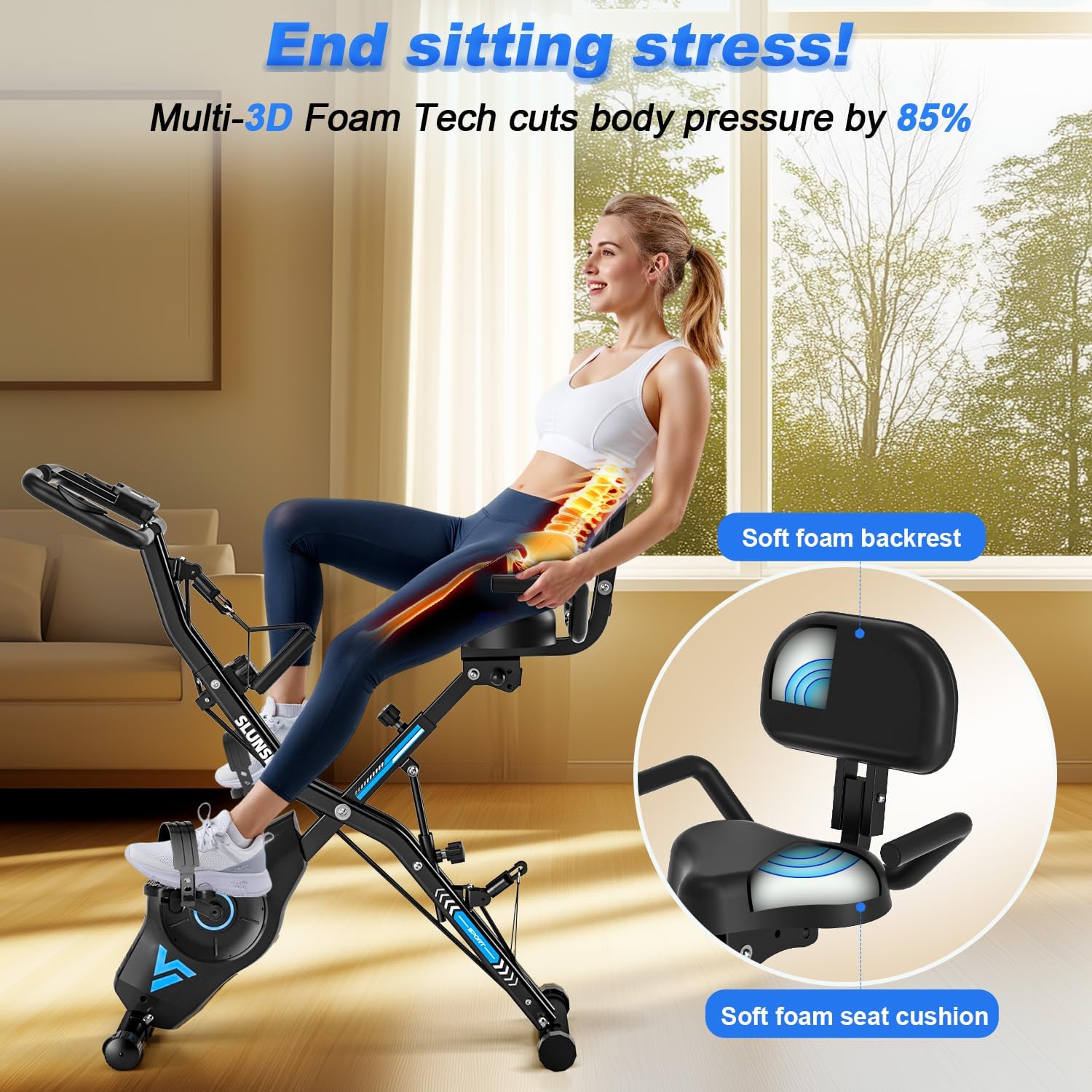 Exercise Bike for Home, SLUNSE 5 in 1 Indoor Workout Bike,16-Level Magnetic Resistance Folding Stationary Exercise Bike, 350LBS Capacity and Comfortable Seat Cushion