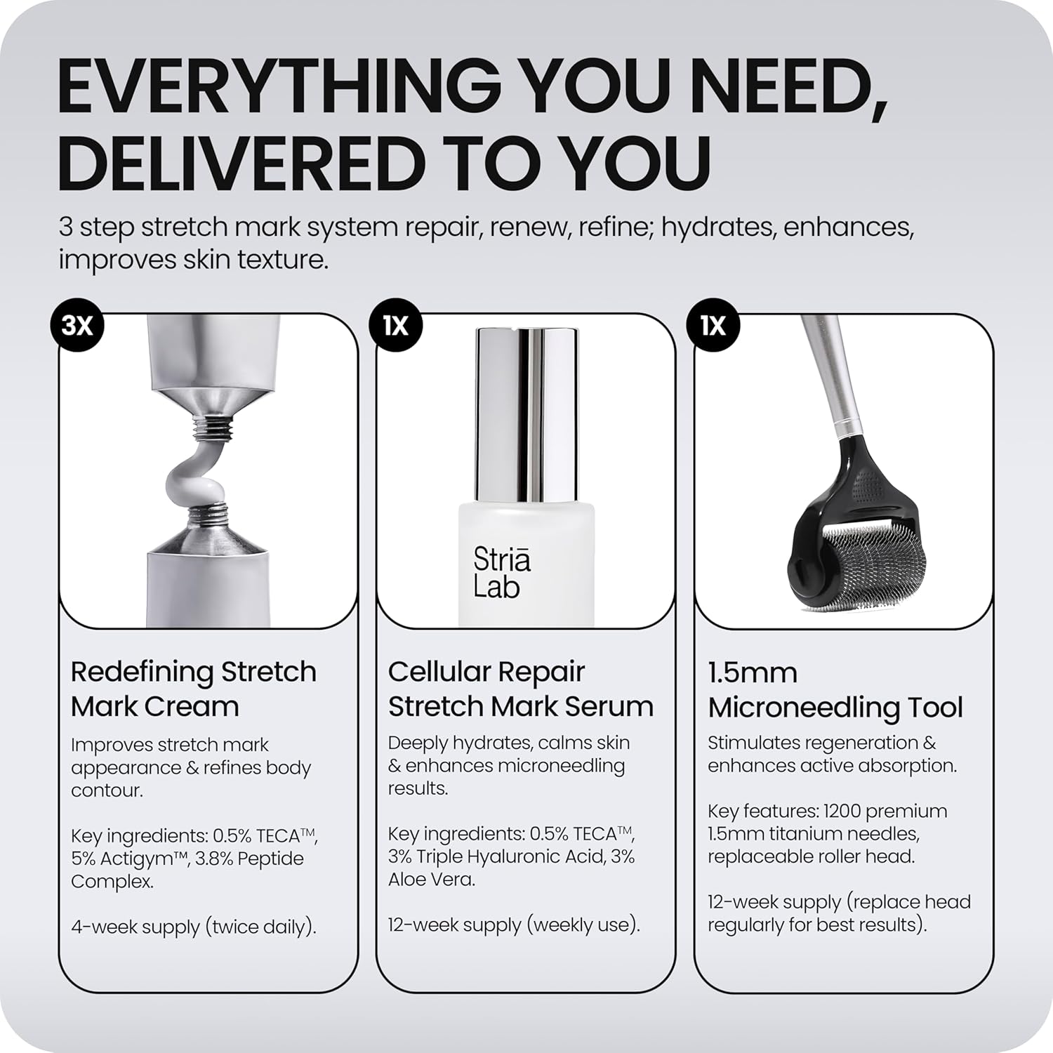 Stretch Mark Repair Programme | 12-Week Kit with Microneedling Tool, Cellular Repair Serum & Redefining Stretch Mark Cream | Clinically Proven to Restore Collagen & Reduce Stretch Marks