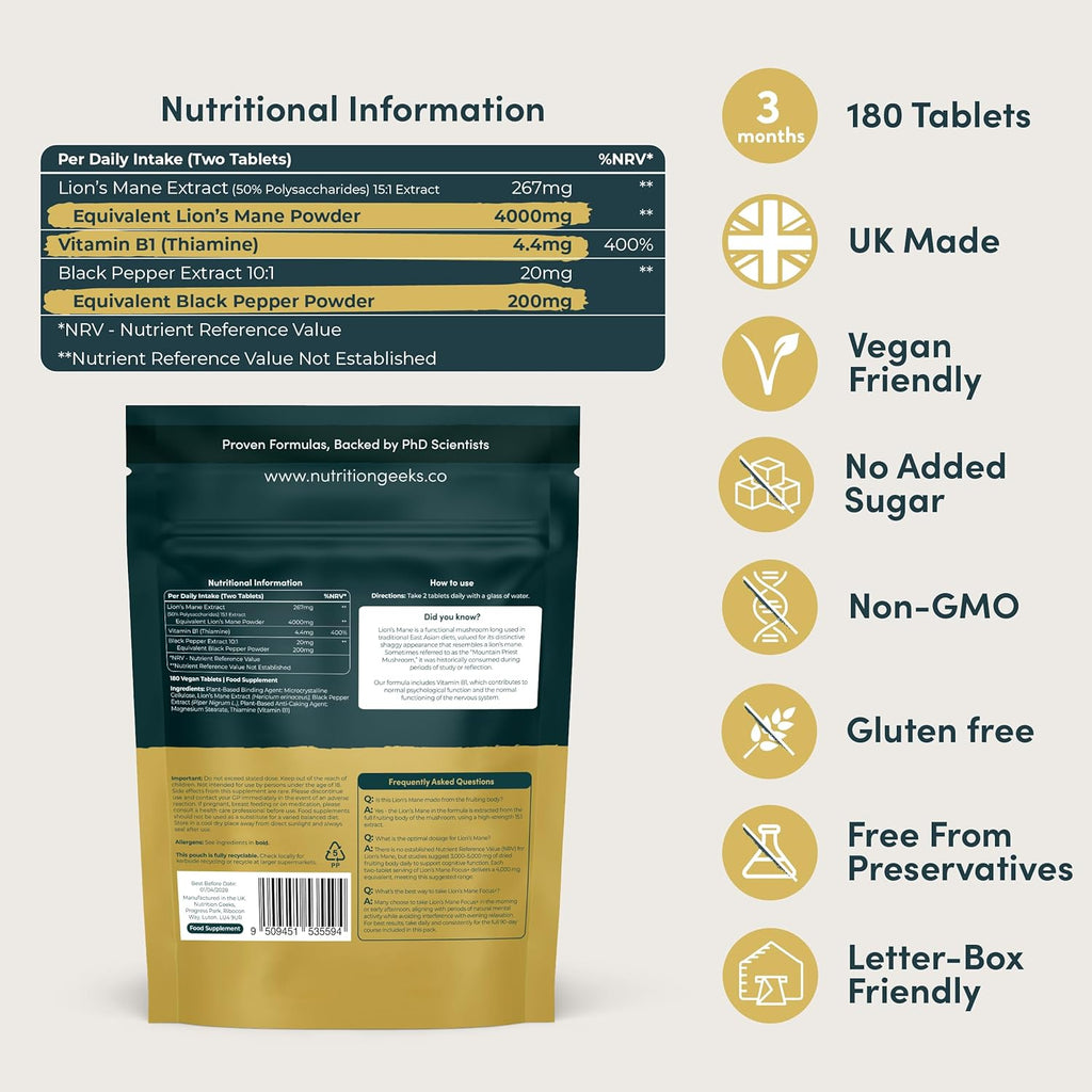 Lions Mane Supplement 4000Mg with Vitamin B1 & Black Pepper, 180 Vegan Tablets - Lion'S Mane Mushroom 15:1 Extract (Not Lions Mane Powder or Capsules), UK Made for Mental Performance & Nervous System